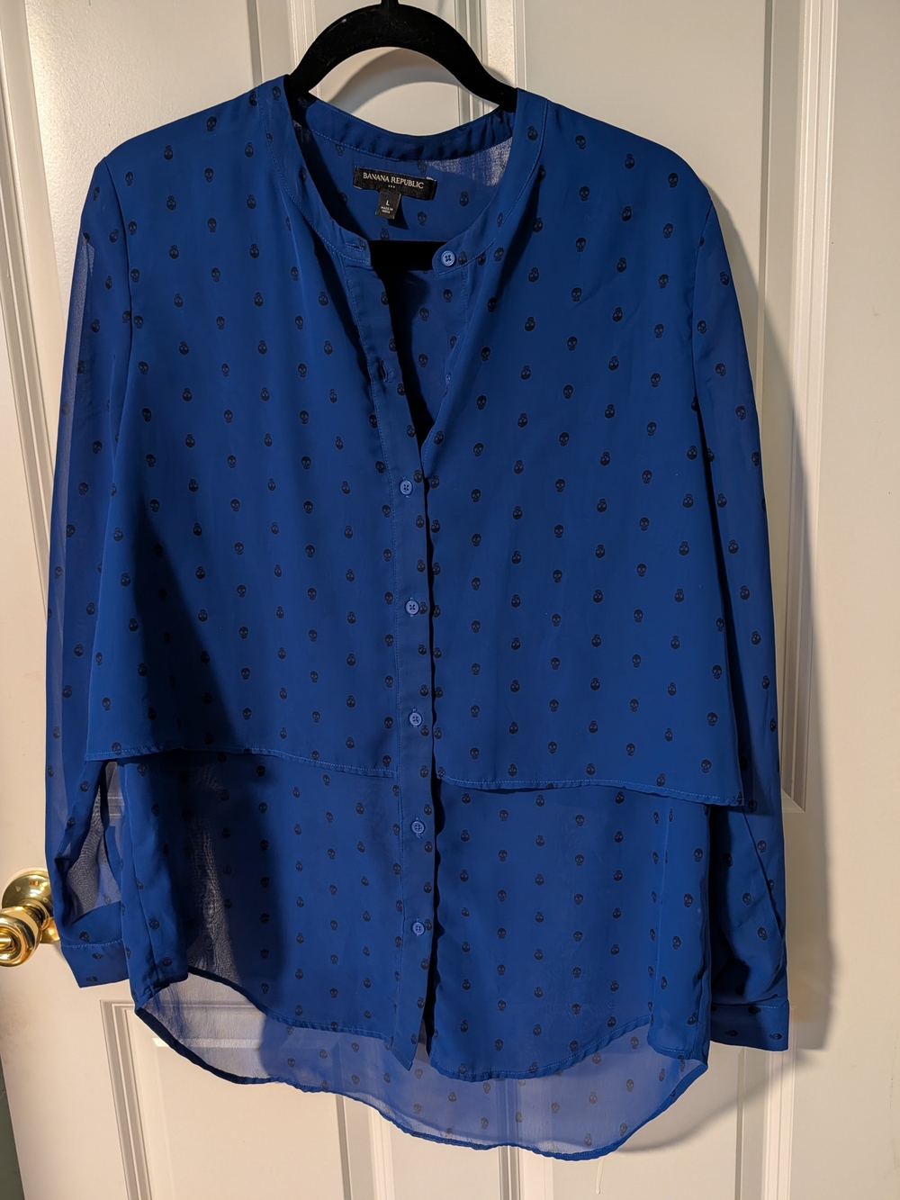 Banana Republic Blue Button-Down Sheer Dot Blouse With Skull Print